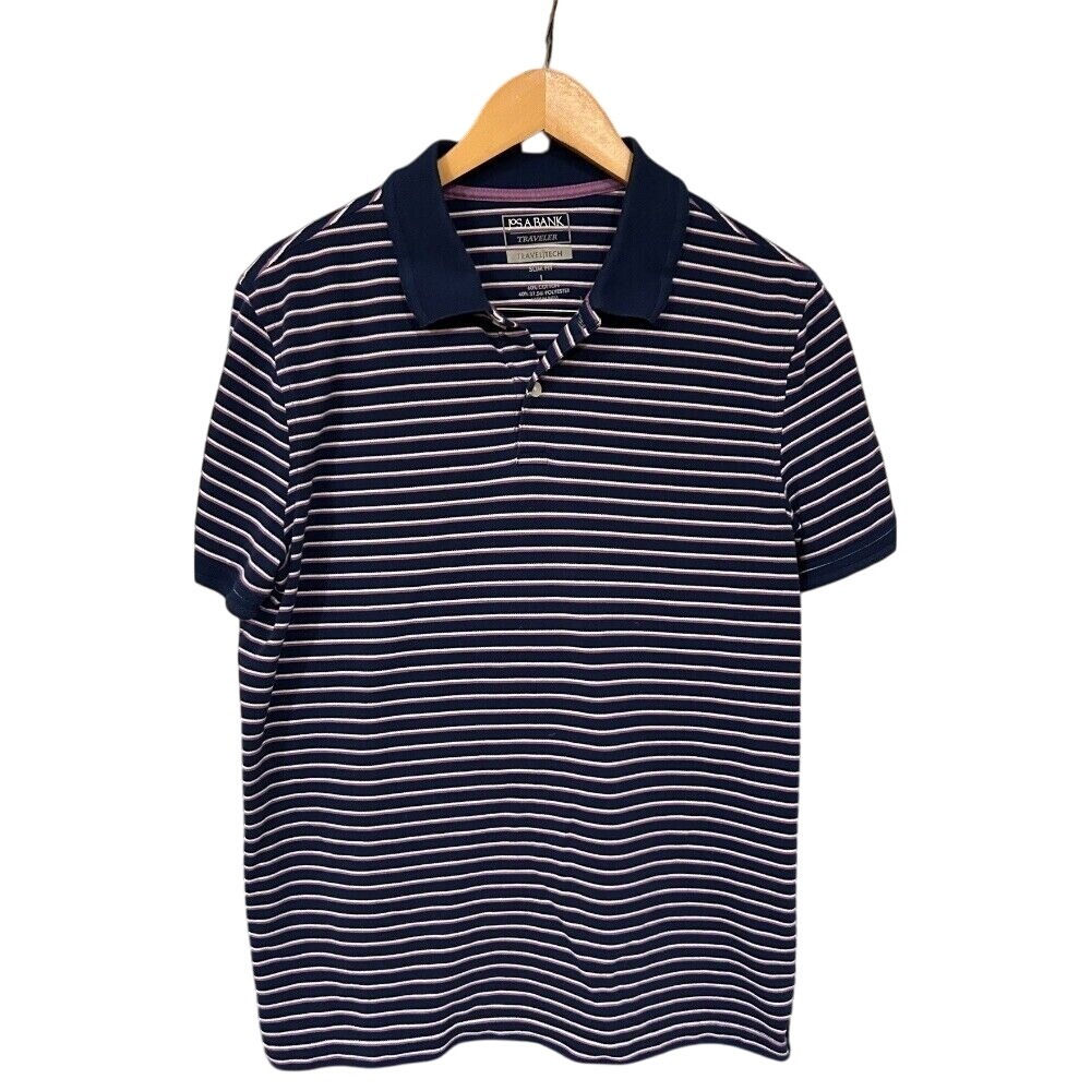 Jos A Bank Traveler Polo Shirt Mens L Blue Striped Tailored Fit Poly Cotton‎